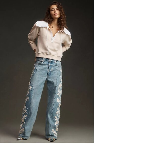 By Anthropologie Poplin-Collar V-Neck Sweatshirt new with tag 3x - Picture 6 of 7